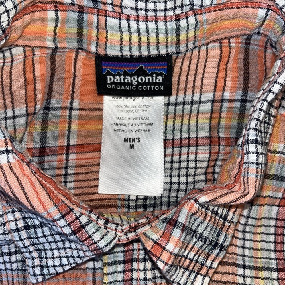 Patagonia Shirt Men's Medium Orange Plaid Organic Cotton Short Sleeve Outdoors - Picture 5 of 5